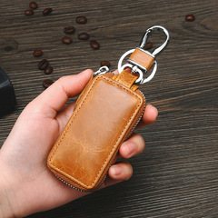 Retro Oil Wax Skin Car Key Case Foreign Trade Genuine Leather Double Zipper Multifunctional Car Key Case European and American Key Bag Retro Oil Wax Skin Car Key Case Foreign Trade Genuine Leather Double Zipper Multifunctional Car Key Case European and American Key Bag