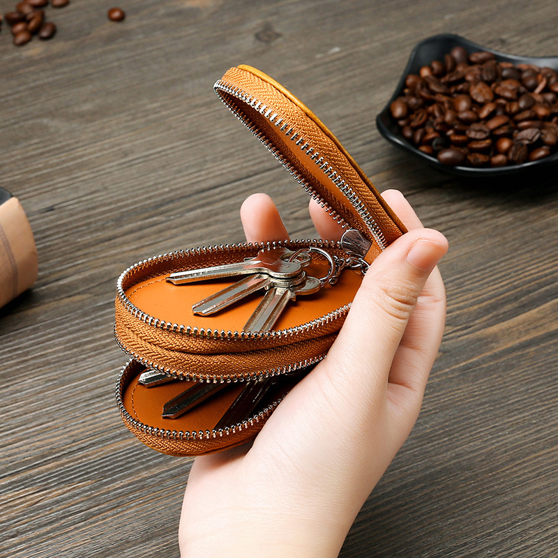 Retro Oil Wax Skin Car Key Case Foreign Trade Genuine Leather Double Zipper Multifunctional Car Key Case European and American Key Bag Retro Oil Wax Skin Car Key Case Foreign Trade Genuine Leather Double Zipper Multifunctional Car Key Case European and American Key Bag