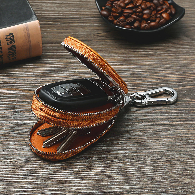 Retro Oil Wax Skin Car Key Case Foreign Trade Genuine Leather Double Zipper Multifunctional Car Key Case European and American Key Bag Retro Oil Wax Skin Car Key Case Foreign Trade Genuine Leather Double Zipper Multifunctional Car Key Case European and American Key Bag