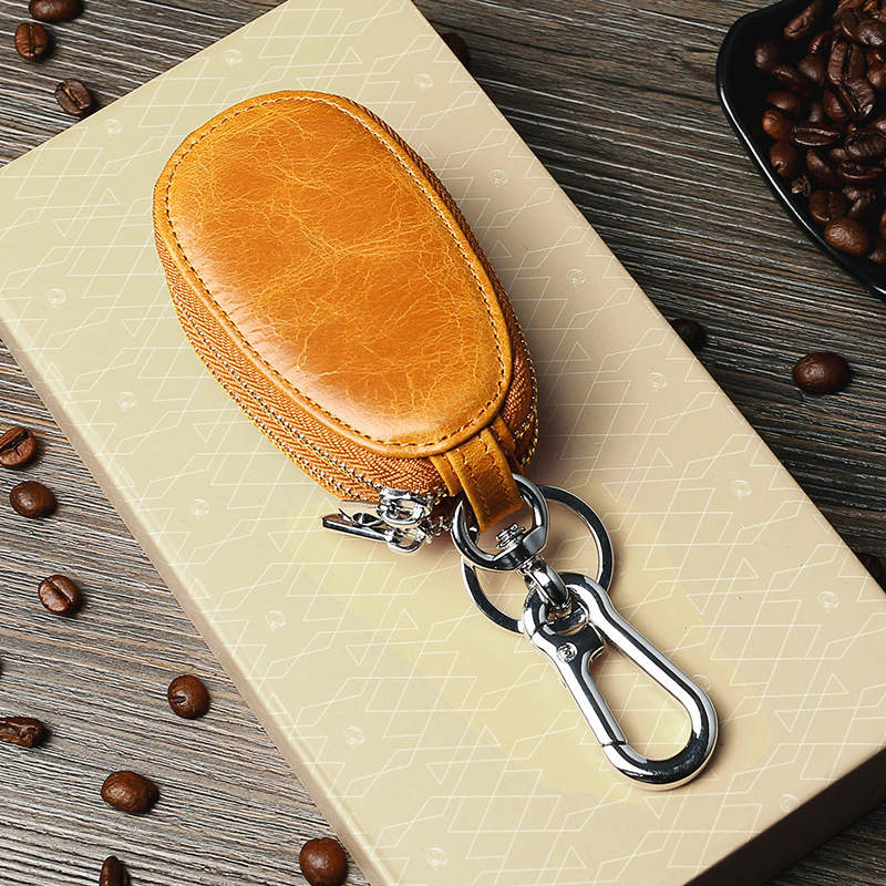 Retro Oil Wax Skin Car Key Case Foreign Trade Genuine Leather Double Zipper Multifunctional Car Key Case European and American Key Bag Retro Oil Wax Skin Car Key Case Foreign Trade Genuine Leather Double Zipper Multifunctional Car Key Case European and American Key Bag