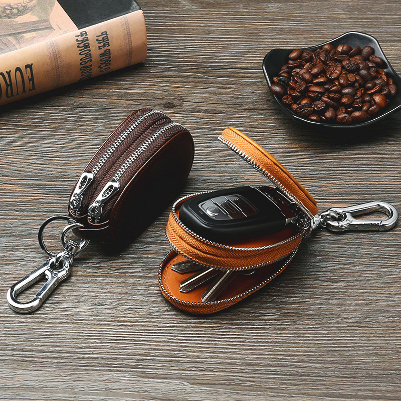 Retro Oil Wax Skin Car Key Case Foreign Trade Genuine Leather Double Zipper Multifunctional Car Key Case European and American Key Bag Retro Oil Wax Skin Car Key Case Foreign Trade Genuine Leather Double Zipper Multifunctional Car Key Case European and American Key Bag