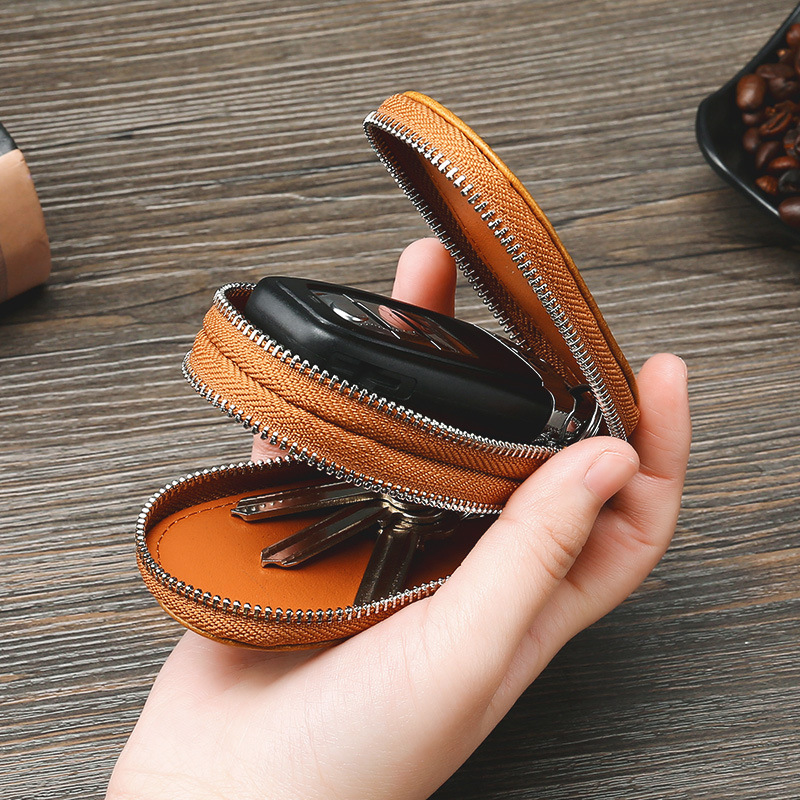 Retro Oil Wax Skin Car Key Case Foreign Trade Genuine Leather Double Zipper Multifunctional Car Key Case European and American Key Bag Retro Oil Wax Skin Car Key Case Foreign Trade Genuine Leather Double Zipper Multifunctional Car Key Case European and American Key Bag