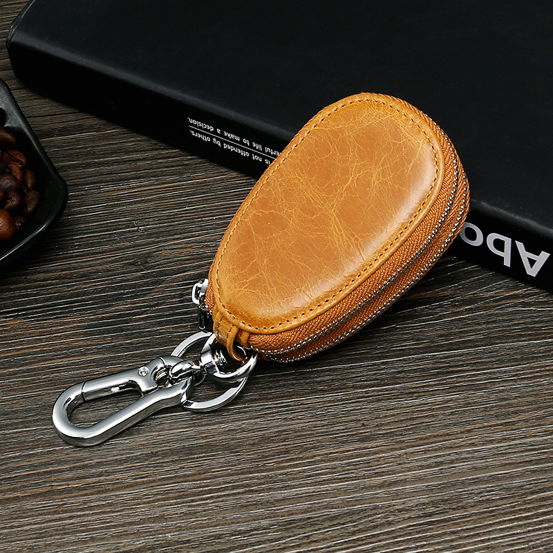 Retro Oil Wax Skin Car Key Case Foreign Trade Genuine Leather Double Zipper Multifunctional Car Key Case European and American Key Bag Retro Oil Wax Skin Car Key Case Foreign Trade Genuine Leather Double Zipper Multifunctional Car Key Case European and American Key Bag