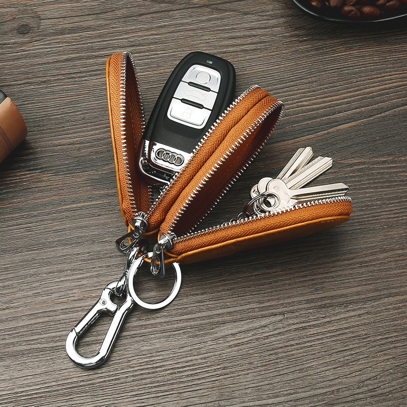Retro Oil Wax Skin Car Key Case Foreign Trade Genuine Leather Double Zipper Multifunctional Car Key Case European and American Key Bag Retro Oil Wax Skin Car Key Case Foreign Trade Genuine Leather Double Zipper Multifunctional Car Key Case European and American Key Bag