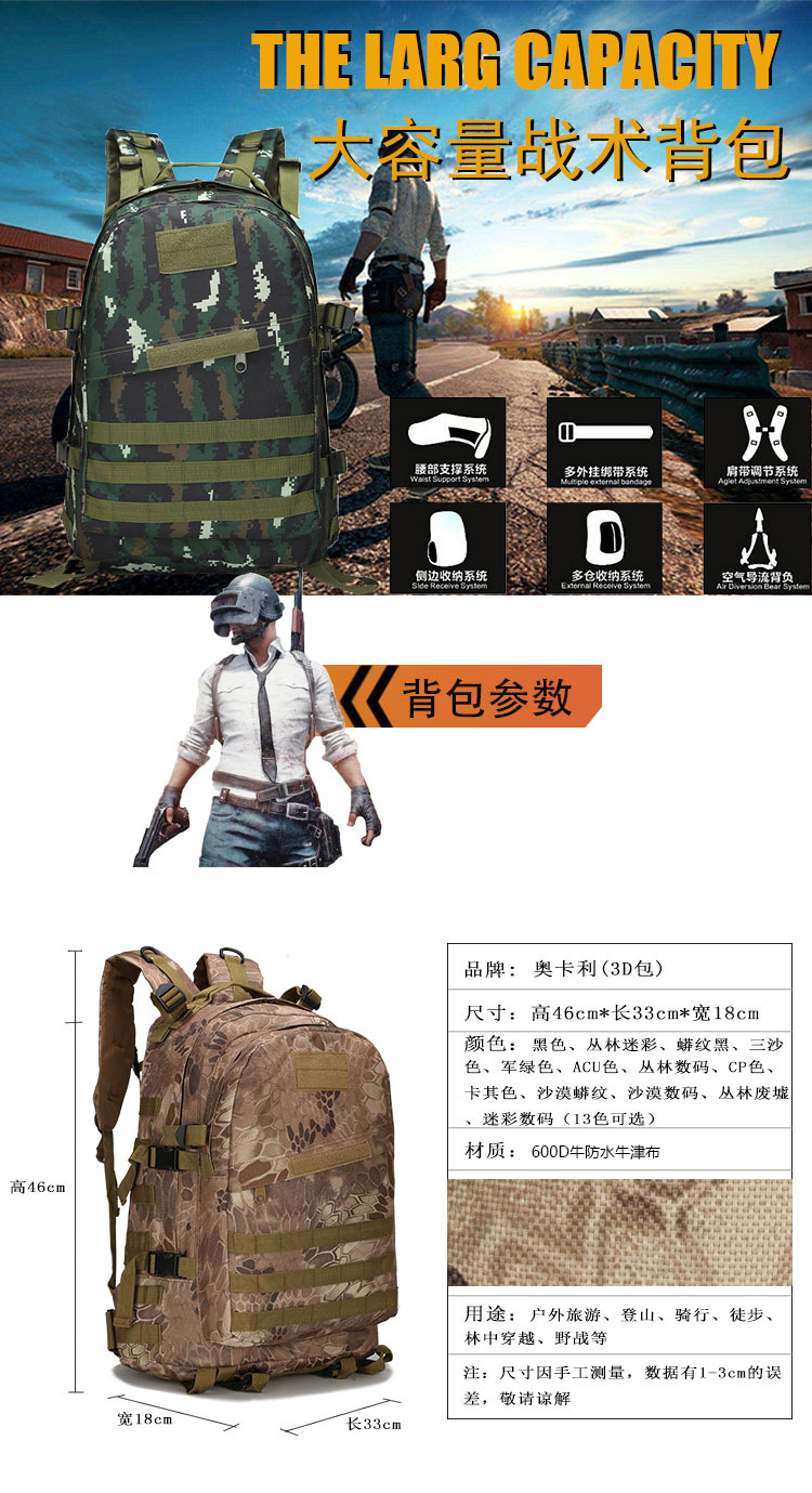 Popular Jesus Survival Chicken Dinner Backpack Level 3 Backpack Mountaineering Sports Backpack Camouflage Waterproof Tactical 3D Backpack