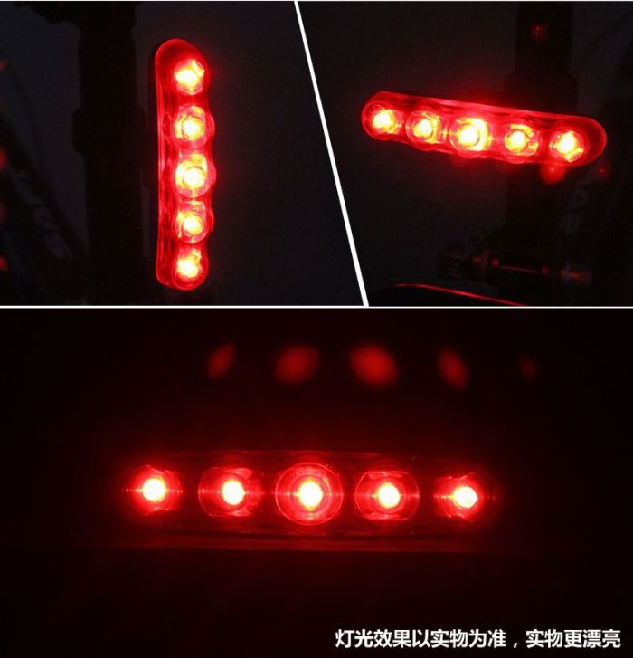 Factory Direct Sales Bicycle 5led Strip-Style Taillight Mountain Bike Safety Alarm Lamp Cycling Fixture