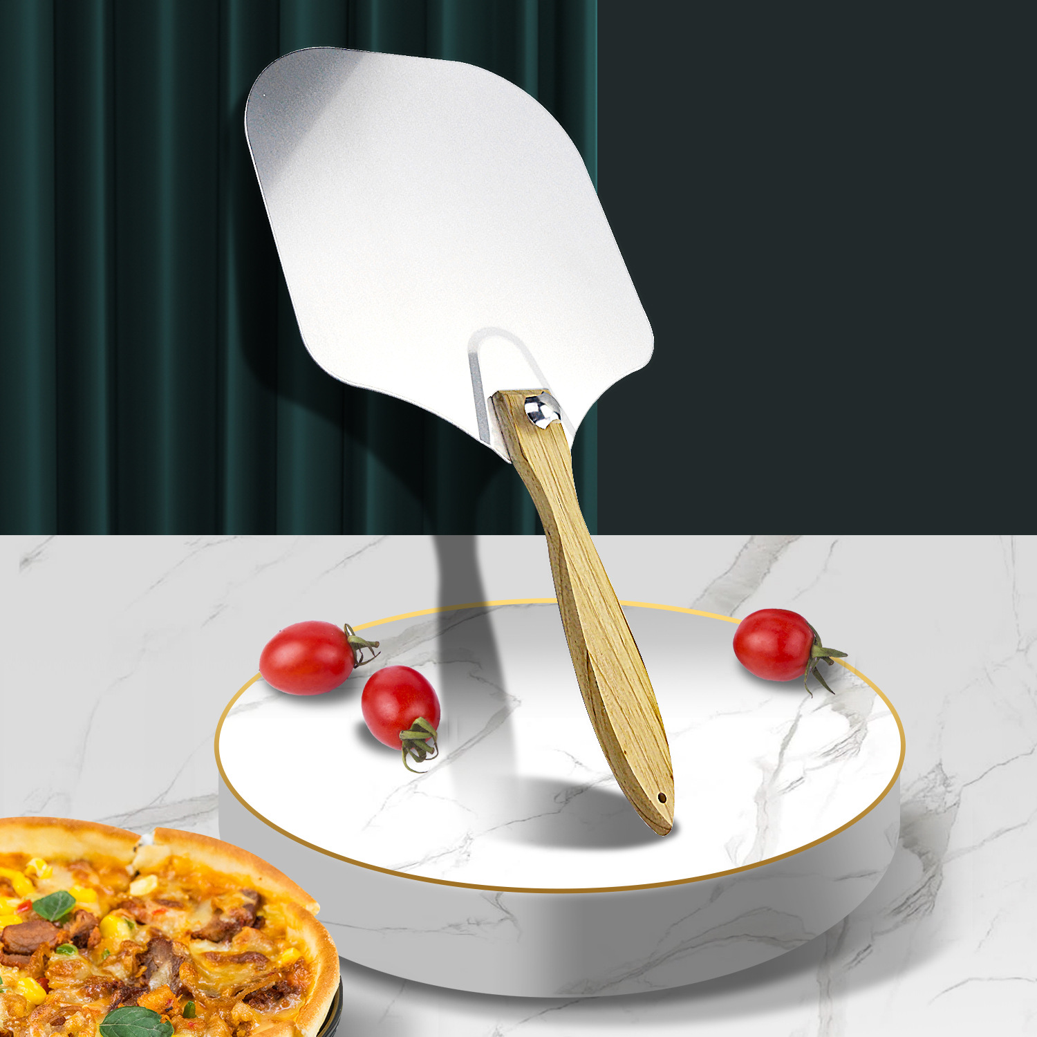 Folding Aluminum Pizza Shovel Wooden Handle Transfer Pizza Shovel Five-in-One New Cake Pizza Shovel Baking Tool