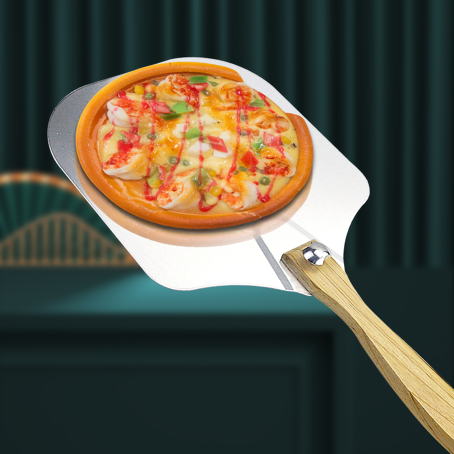 Folding Aluminum Pizza Shovel Wooden Handle Transfer Pizza Shovel Five-in-One New Cake Pizza Shovel Baking Tool
