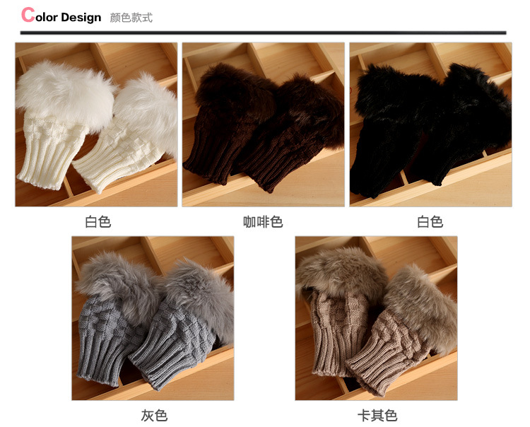 Korean cute diamond winter warm faux rabbit fur knitted wool padded half-finger gloves Q