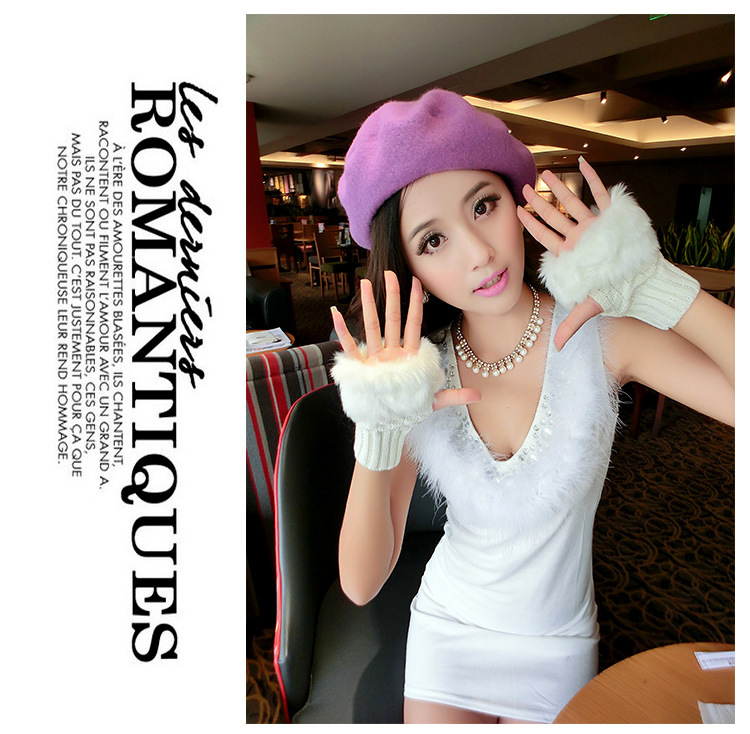 Korean cute diamond winter warm faux rabbit fur knitted wool padded half-finger gloves Q
