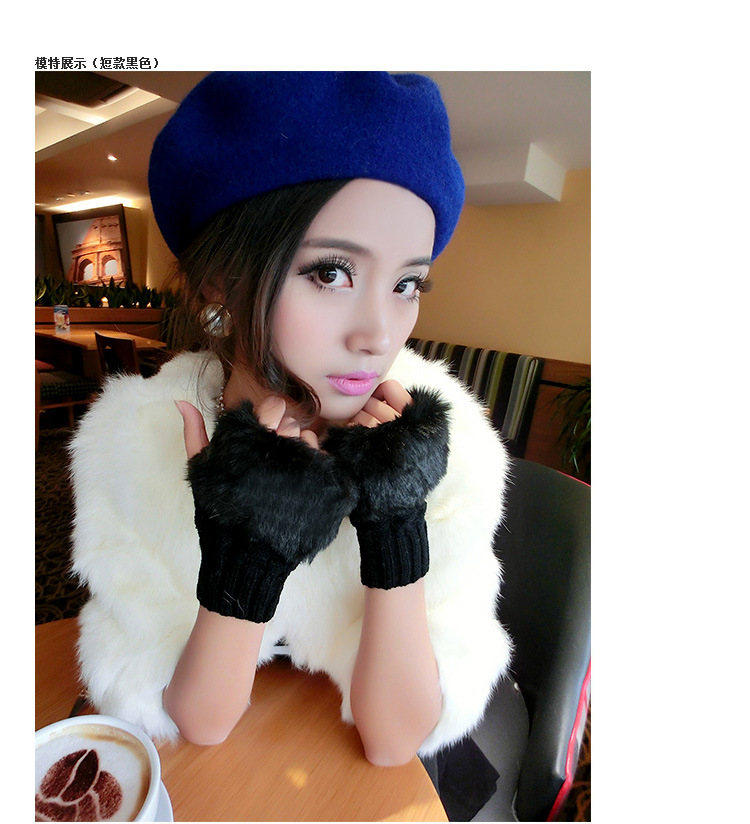 Korean cute diamond winter warm faux rabbit fur knitted wool padded half-finger gloves Q