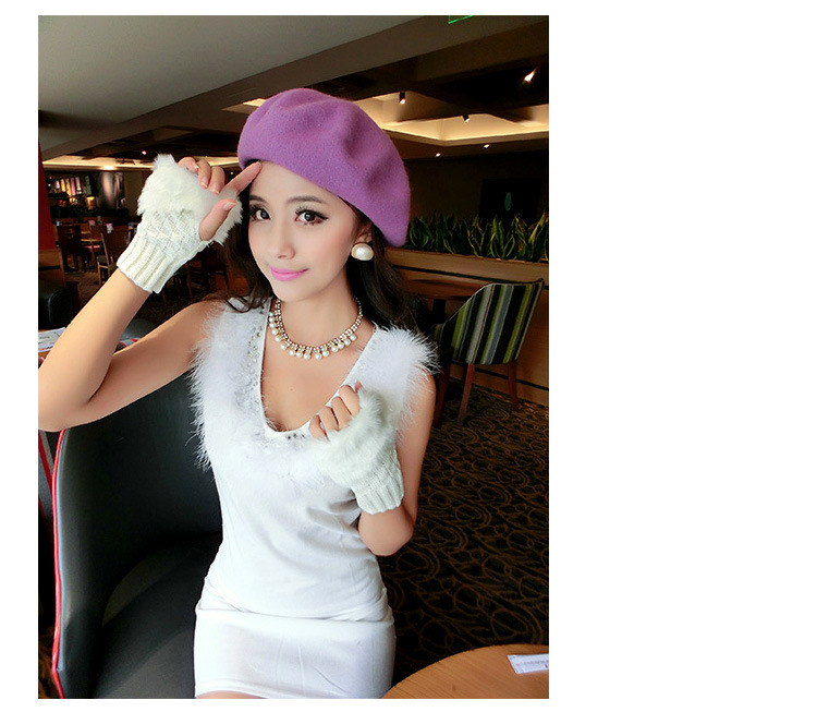 Korean cute diamond winter warm faux rabbit fur knitted wool padded half-finger gloves Q