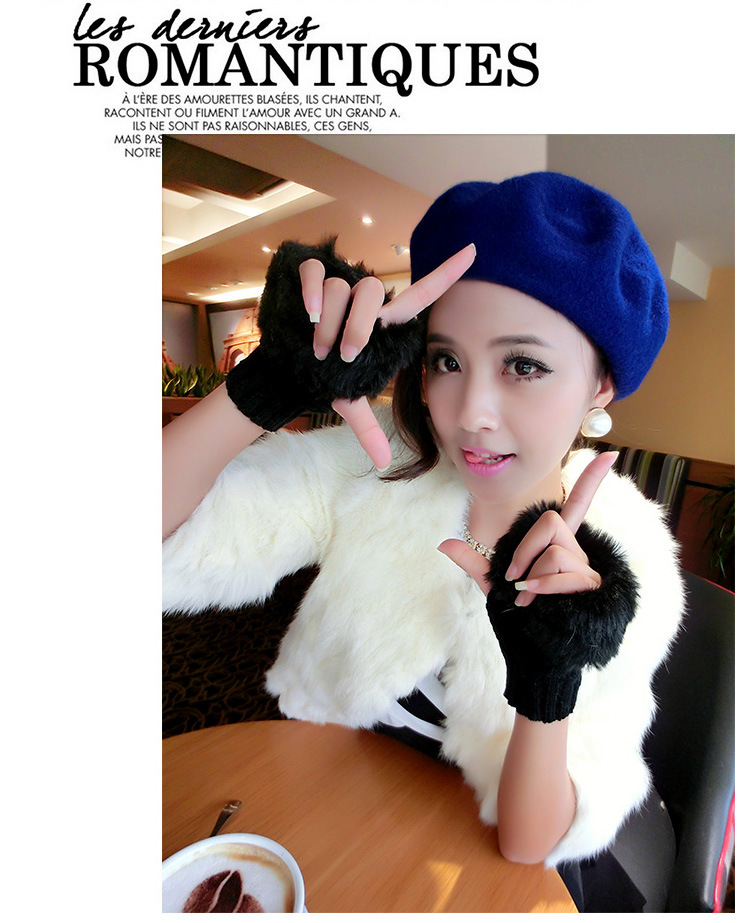 Korean cute diamond winter warm faux rabbit fur knitted wool padded half-finger gloves Q