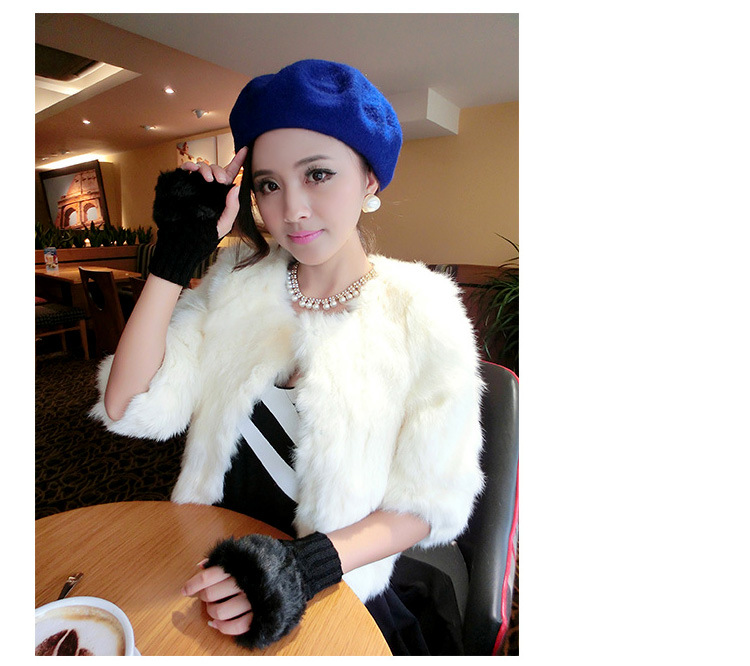 Korean cute diamond winter warm faux rabbit fur knitted wool padded half-finger gloves Q