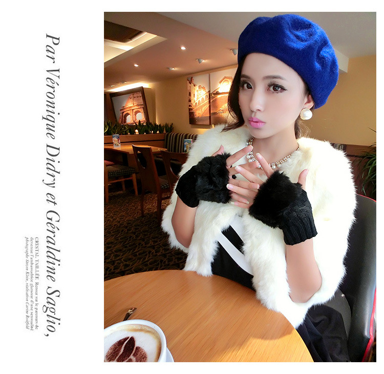 Korean cute diamond winter warm faux rabbit fur knitted wool padded half-finger gloves Q