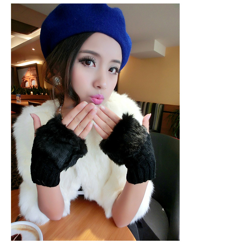 Korean cute diamond winter warm faux rabbit fur knitted wool padded half-finger gloves Q