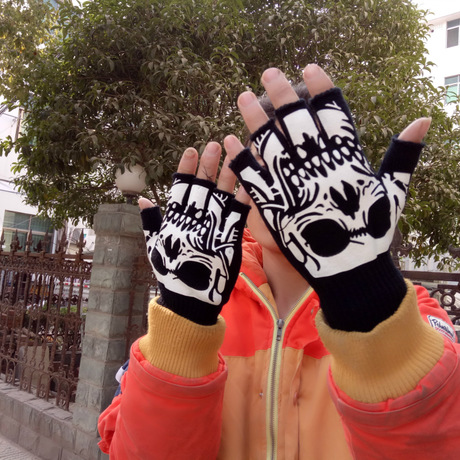 Spring and Summer thin color half-finger gloves personality skeleton and women work magic dew finger warm gloves wholesale