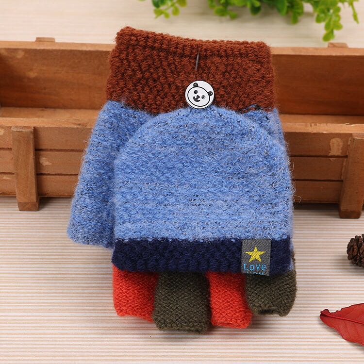 Autumn winter children&#039;s gloves half-finger flip to keep warm children primary school write baby boy girl fingerless gloves