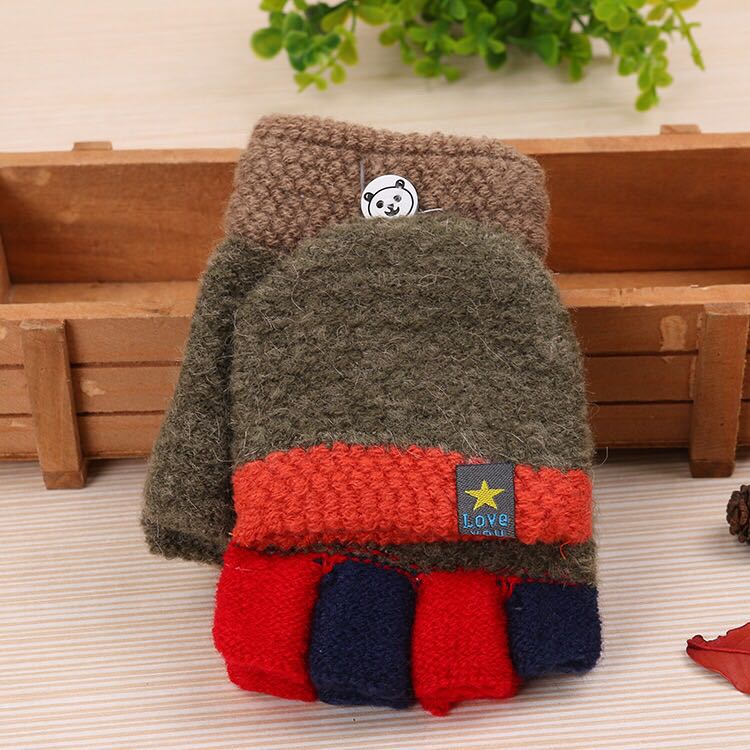 Autumn winter children&#039;s gloves half-finger flip to keep warm children primary school write baby boy girl fingerless gloves