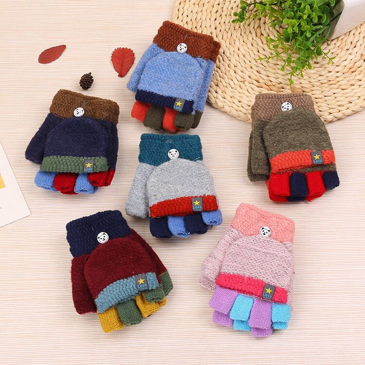 Autumn winter children&#039;s gloves half-finger flip to keep warm children primary school write baby boy girl fingerless gloves