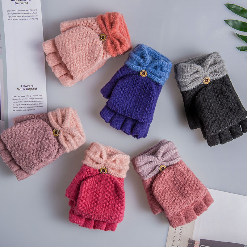 Gloves flip bow-tie Korean version of warm gloves half-finger gloves manufacturers direct Gloves flip bow-tie Korean version of warm gloves half-finger gloves manufacturers direct