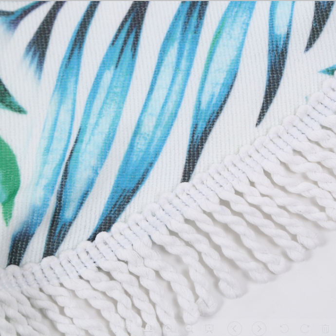 Green leafy parakeet beach towel with summer tassel round beach towel.