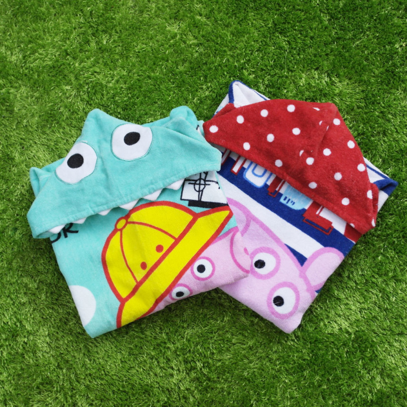 Korean Cartoon Piggy Children&#039;s Pullover Bathrobe Super Soft Absorbent Printed Cut Velvet Beach Towel Pure Cotton Towel Material Bath Towel