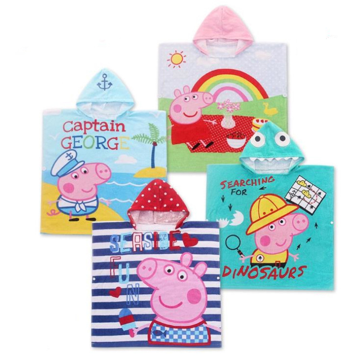 Korean Cartoon Piggy Children&#039;s Pullover Bathrobe Super Soft Absorbent Printed Cut Velvet Beach Towel Pure Cotton Towel Material Bath Towel