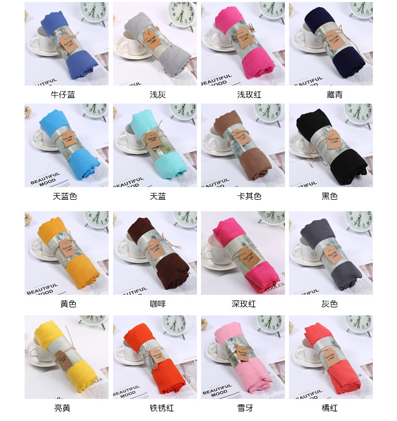Factory Direct Sales Solid Color Cotton and Linen Scarf Women's Sun-Proof Beach Towel Cheongsam Shawl Fashion Scarf Wholesale Factory Direct Sales Solid Color Cotton and Linen Scarf Women's Sun-Proof Beach Towel Cheongsam Shawl Fashion Scarf Wholesale