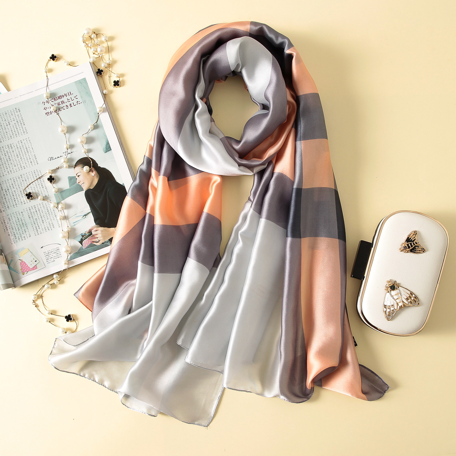 Spring, Summer and Autumn New Korean Style Floral Elegant High-End Imitated Silk Scarves Female Ornament Shawl Sunscreen Beach Towel