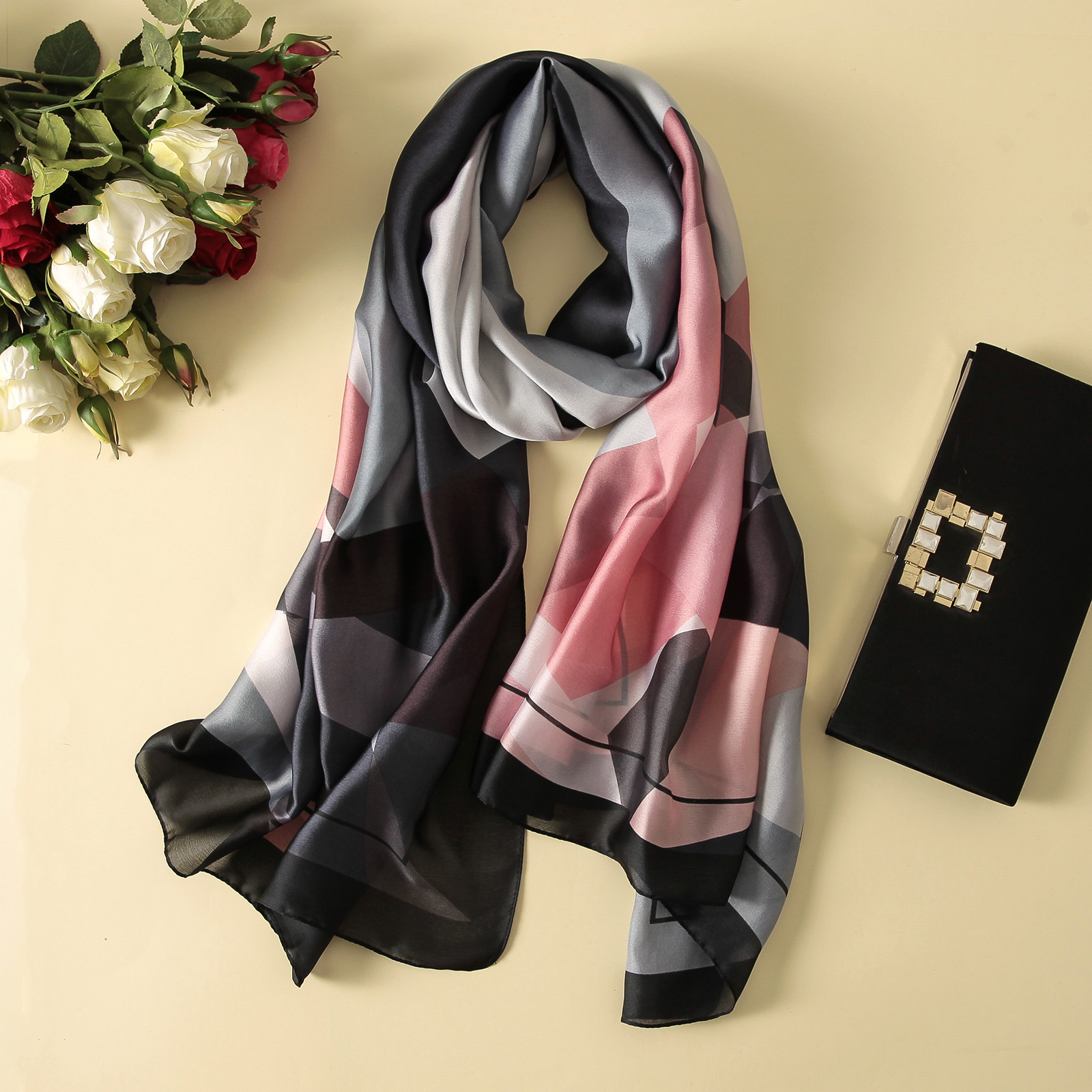 Spring, Summer and Autumn New Korean Style Floral Elegant High-End Imitated Silk Scarves Female Ornament Shawl Sunscreen Beach Towel