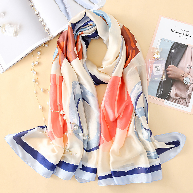 Spring, Summer and Autumn New Korean Style Floral Elegant High-End Imitated Silk Scarves Female Ornament Shawl Sunscreen Beach Towel Spring, Summer and Autumn New Korean Style Floral Elegant High-End Imitated Silk Scarves Female Ornament Shawl Sunscreen Beach Towel