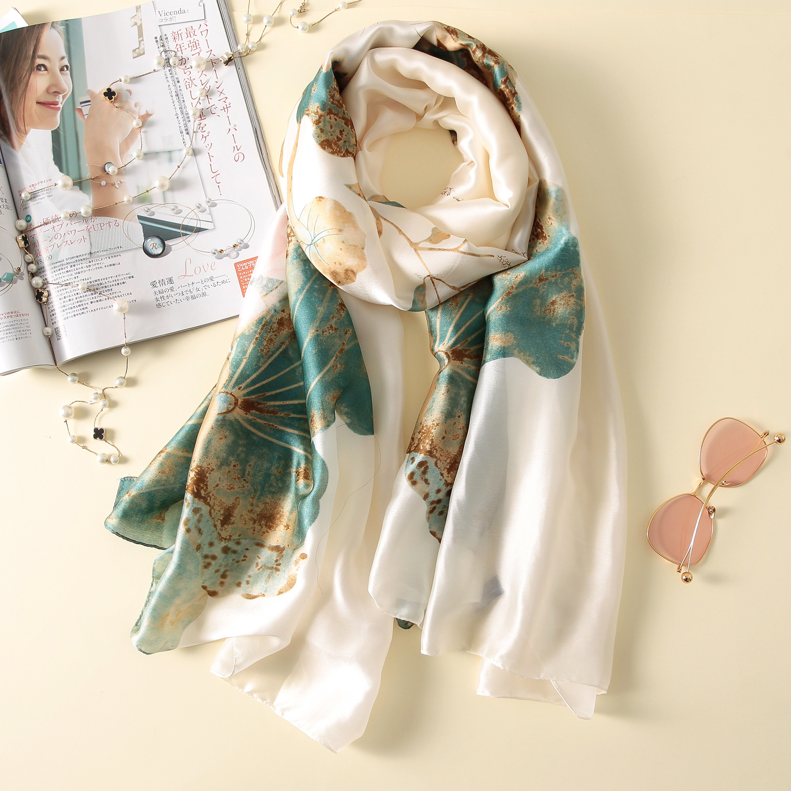 Spring, Summer and Autumn New Korean Style Floral Elegant High-End Imitated Silk Scarves Female Ornament Shawl Sunscreen Beach Towel Spring, Summer and Autumn New Korean Style Floral Elegant High-End Imitated Silk Scarves Female Ornament Shawl Sunscreen Beach Towel