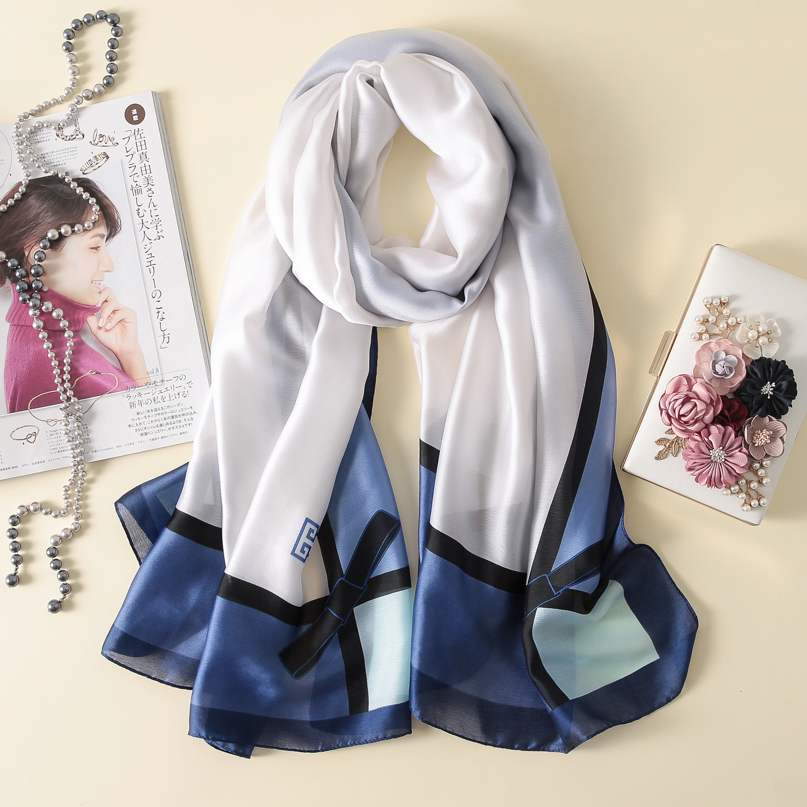Spring, Summer and Autumn New Korean Style Floral Elegant High-End Imitated Silk Scarves Female Ornament Shawl Sunscreen Beach Towel Spring, Summer and Autumn New Korean Style Floral Elegant High-End Imitated Silk Scarves Female Ornament Shawl Sunscreen Beach Towel