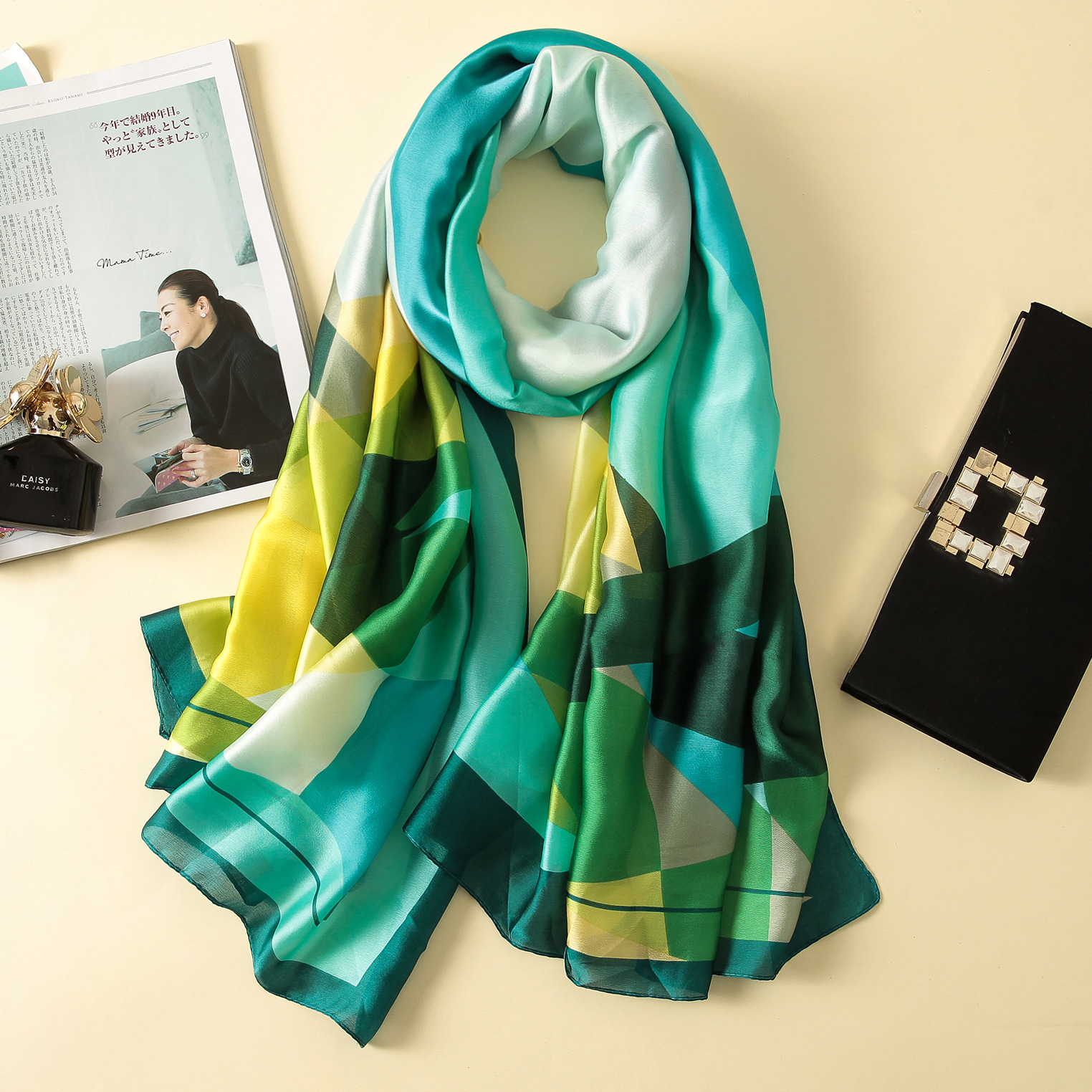 Spring, Summer and Autumn New Korean Style Floral Elegant High-End Imitated Silk Scarves Female Ornament Shawl Sunscreen Beach Towel Spring, Summer and Autumn New Korean Style Floral Elegant High-End Imitated Silk Scarves Female Ornament Shawl Sunscreen Beach Towel