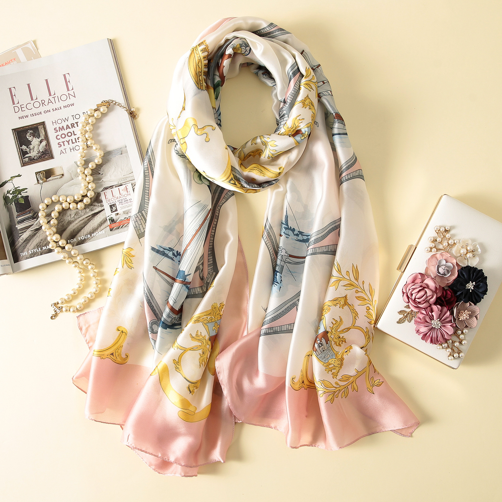 Spring, Summer and Autumn New Korean Style Floral Elegant High-End Imitated Silk Scarves Female Ornament Shawl Sunscreen Beach Towel Spring, Summer and Autumn New Korean Style Floral Elegant High-End Imitated Silk Scarves Female Ornament Shawl Sunscreen Beach Towel