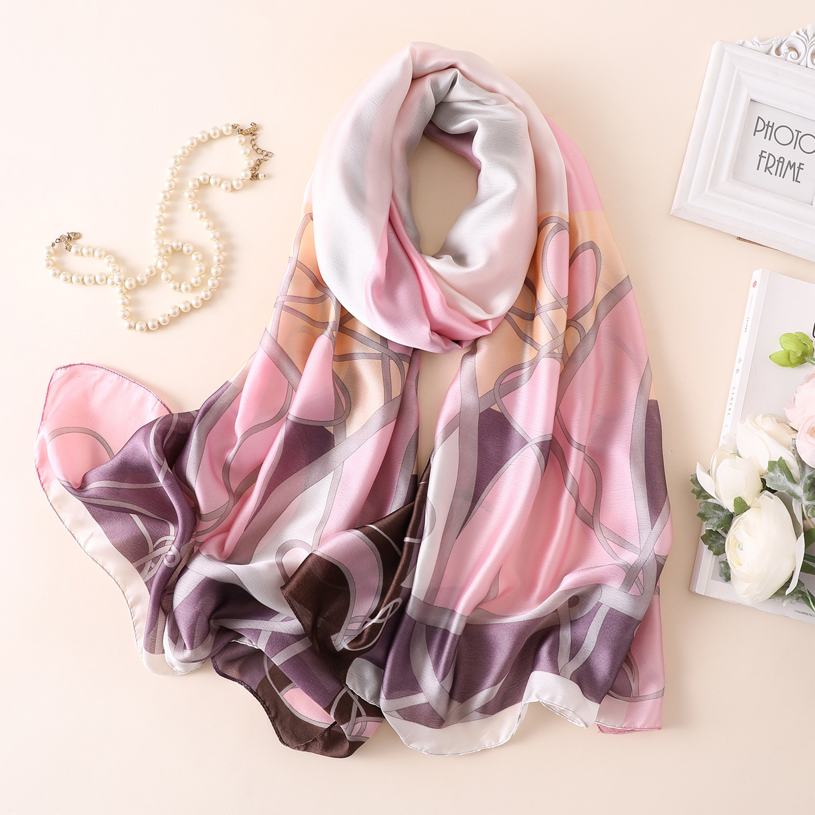 Spring, Summer and Autumn New Korean Style Floral Elegant High-End Imitated Silk Scarves Female Ornament Shawl Sunscreen Beach Towel Spring, Summer and Autumn New Korean Style Floral Elegant High-End Imitated Silk Scarves Female Ornament Shawl Sunscreen Beach Towel