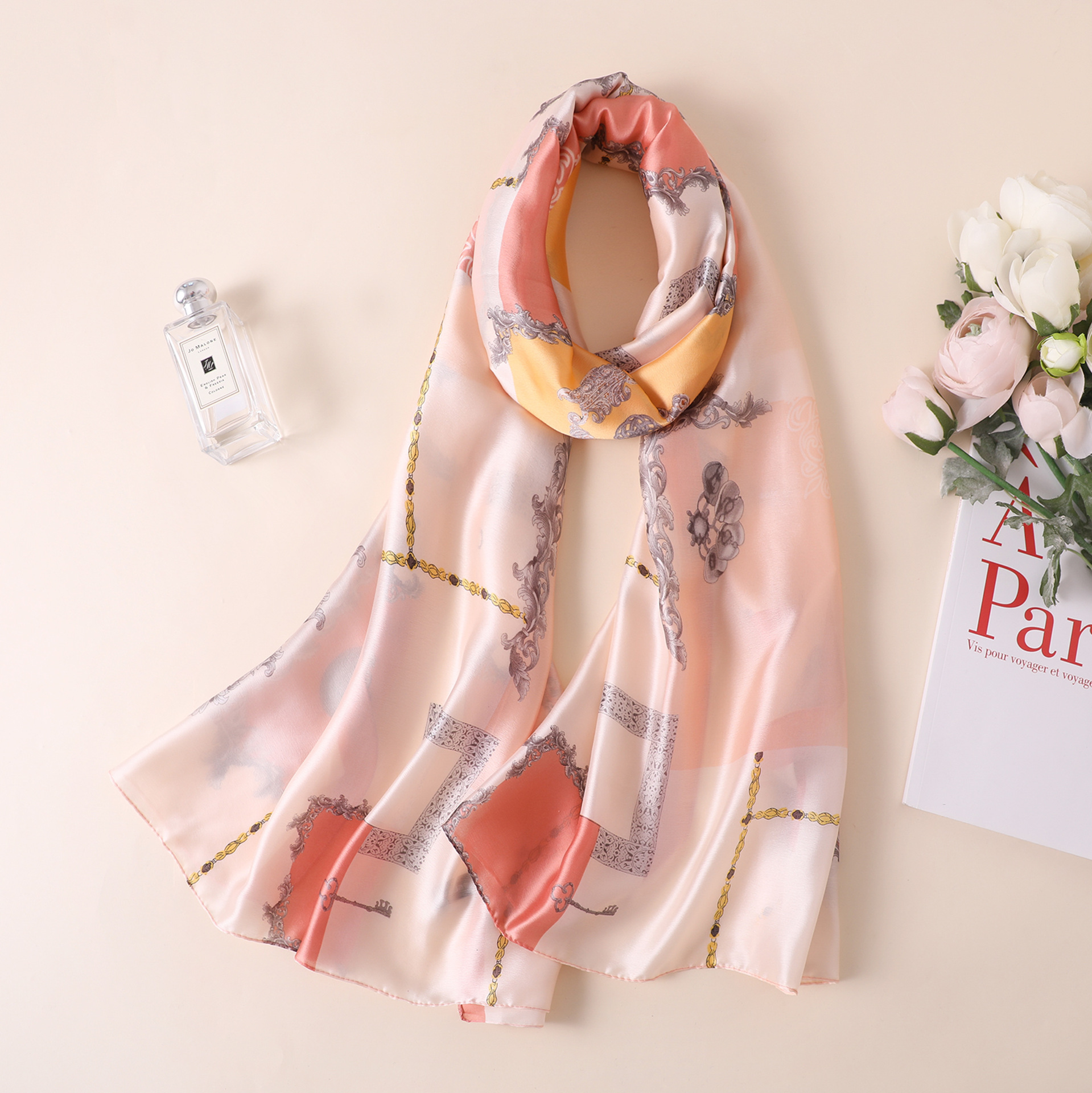Spring, Summer and Autumn New Korean Style Floral Elegant High-End Imitated Silk Scarves Female Ornament Shawl Sunscreen Beach Towel Spring, Summer and Autumn New Korean Style Floral Elegant High-End Imitated Silk Scarves Female Ornament Shawl Sunscreen Beach Towel