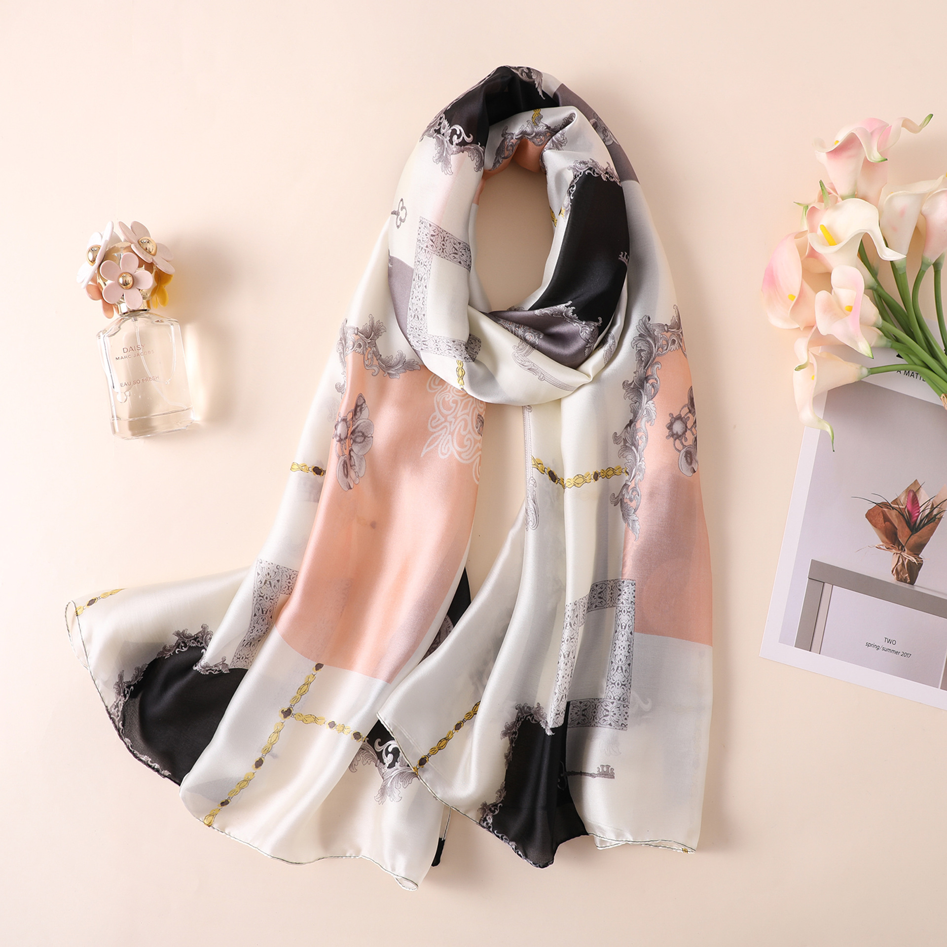 Spring, Summer and Autumn New Korean Style Floral Elegant High-End Imitated Silk Scarves Female Ornament Shawl Sunscreen Beach Towel Spring, Summer and Autumn New Korean Style Floral Elegant High-End Imitated Silk Scarves Female Ornament Shawl Sunscreen Beach Towel