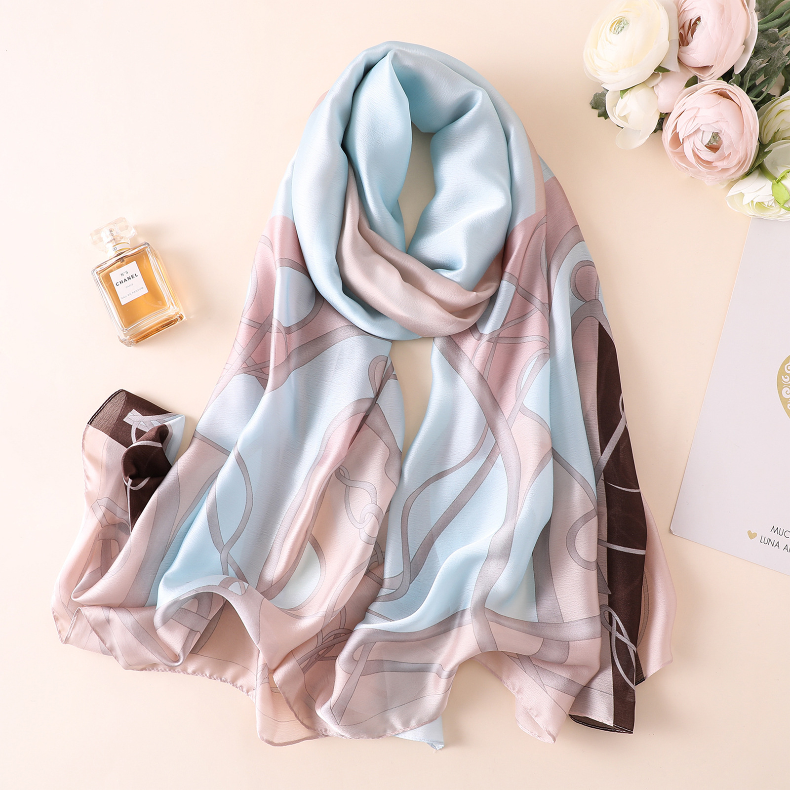 Spring, Summer and Autumn New Korean Style Floral Elegant High-End Imitated Silk Scarves Female Ornament Shawl Sunscreen Beach Towel Spring, Summer and Autumn New Korean Style Floral Elegant High-End Imitated Silk Scarves Female Ornament Shawl Sunscreen Beach Towel