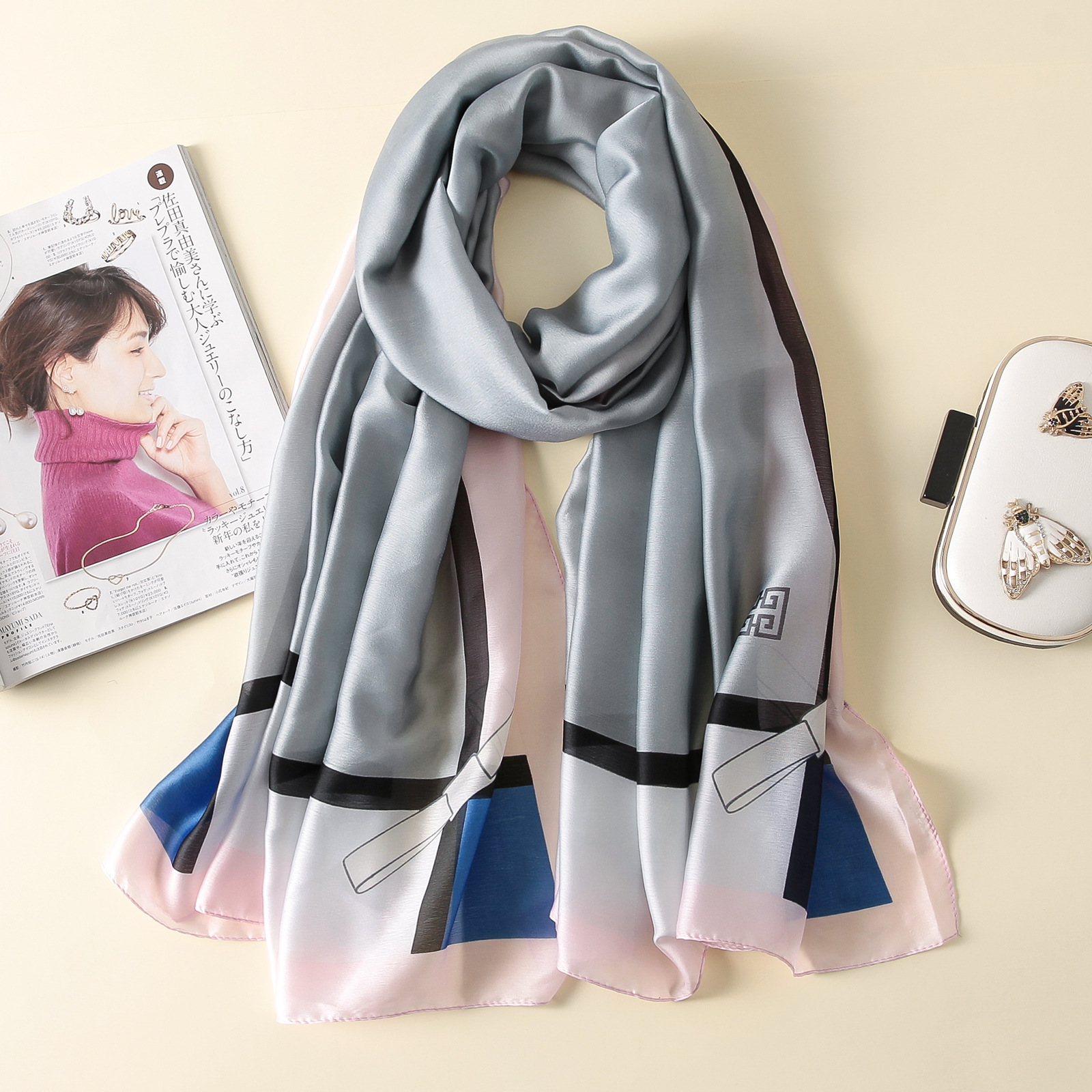 Spring, Summer and Autumn New Korean Style Floral Elegant High-End Imitated Silk Scarves Female Ornament Shawl Sunscreen Beach Towel Spring, Summer and Autumn New Korean Style Floral Elegant High-End Imitated Silk Scarves Female Ornament Shawl Sunscreen Beach Towel