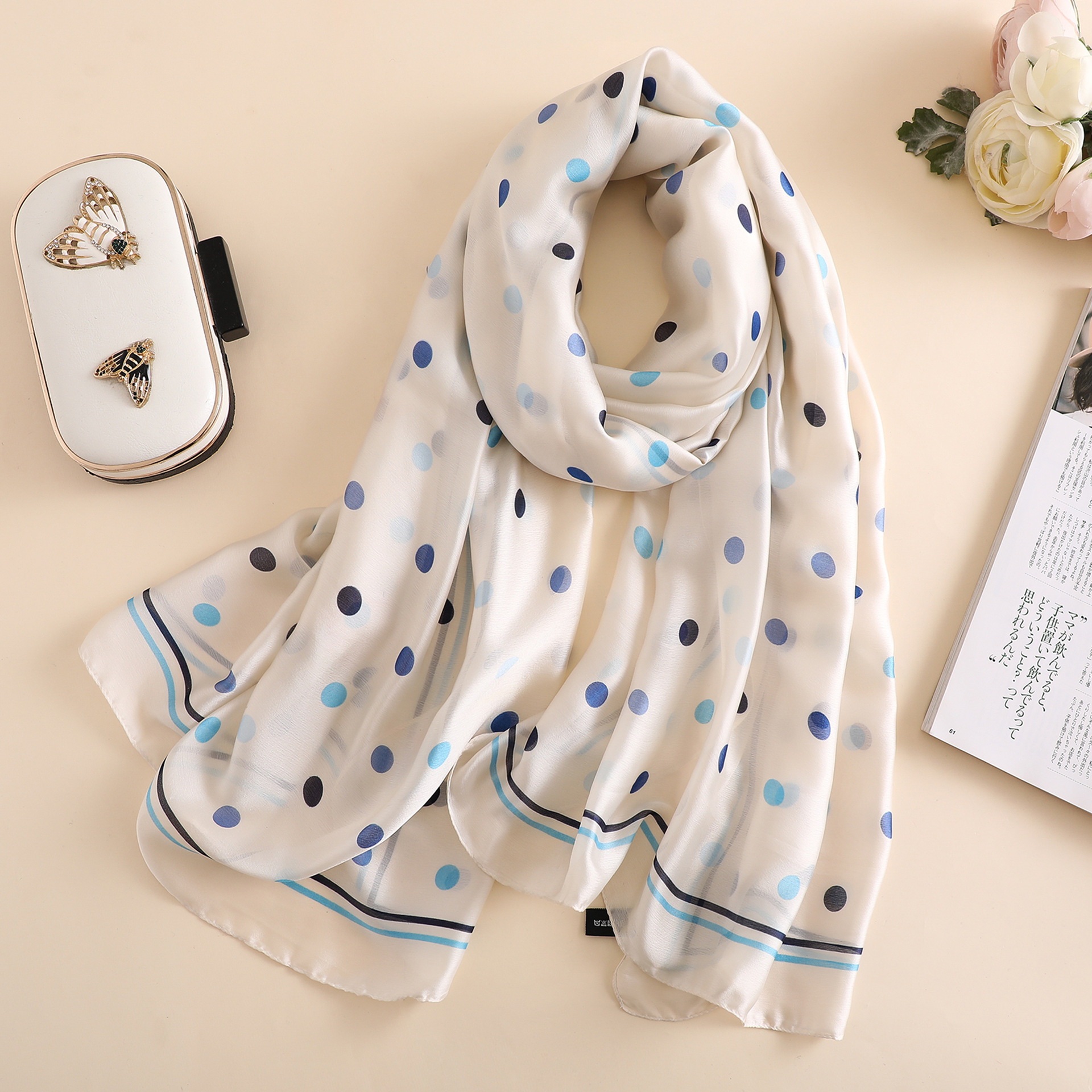 Spring, Summer and Autumn New Korean Style Floral Elegant High-End Imitated Silk Scarves Female Ornament Shawl Sunscreen Beach Towel Spring, Summer and Autumn New Korean Style Floral Elegant High-End Imitated Silk Scarves Female Ornament Shawl Sunscreen Beach Towel