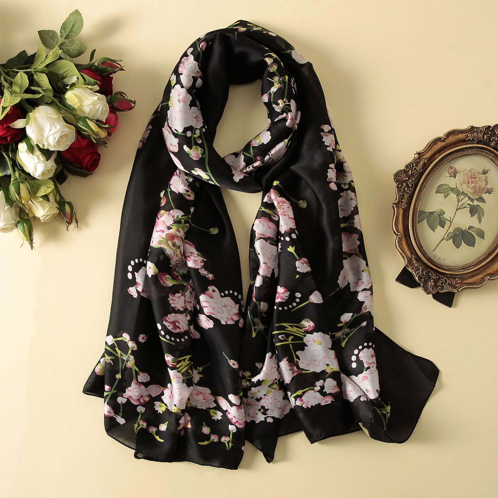 Spring, Summer and Autumn New Korean Style Floral Elegant High-End Imitated Silk Scarves Female Ornament Shawl Sunscreen Beach Towel Spring, Summer and Autumn New Korean Style Floral Elegant High-End Imitated Silk Scarves Female Ornament Shawl Sunscreen Beach Towel