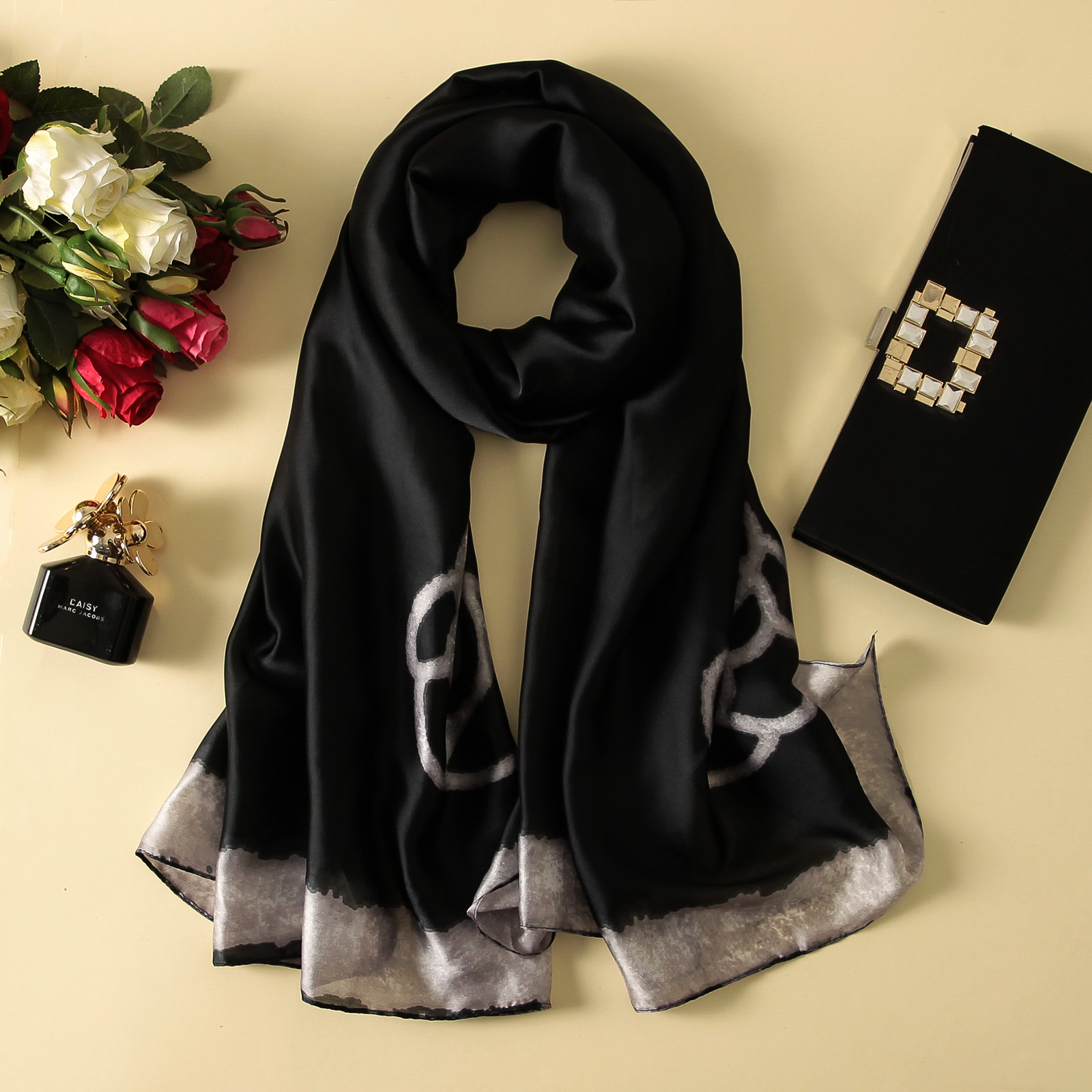 Spring, Summer and Autumn New Korean Style Floral Elegant High-End Imitated Silk Scarves Female Ornament Shawl Sunscreen Beach Towel Spring, Summer and Autumn New Korean Style Floral Elegant High-End Imitated Silk Scarves Female Ornament Shawl Sunscreen Beach Towel