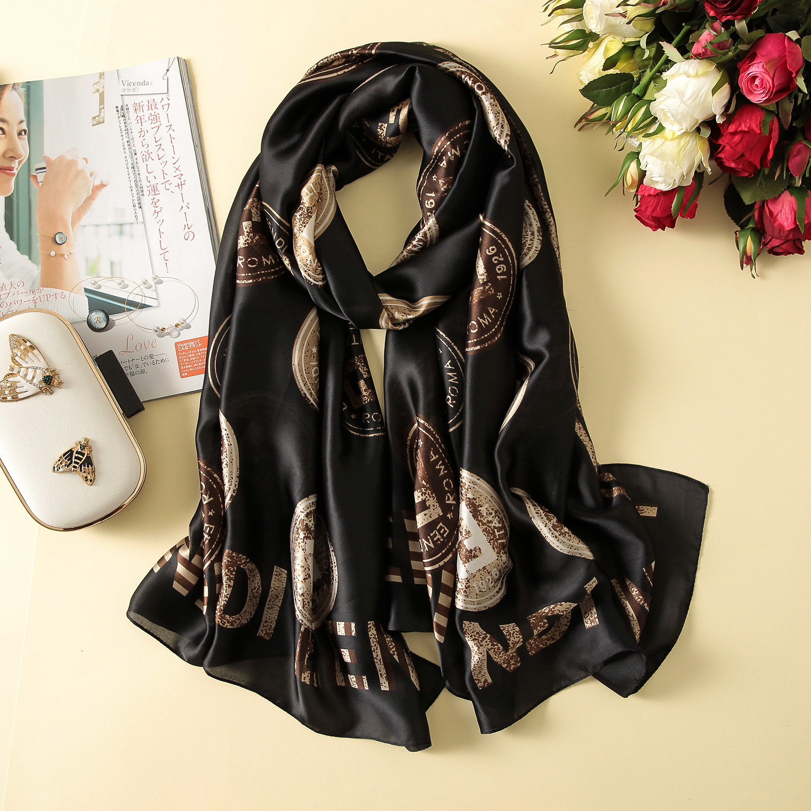 Spring, Summer and Autumn New Korean Style Floral Elegant High-End Imitated Silk Scarves Female Ornament Shawl Sunscreen Beach Towel Spring, Summer and Autumn New Korean Style Floral Elegant High-End Imitated Silk Scarves Female Ornament Shawl Sunscreen Beach Towel
