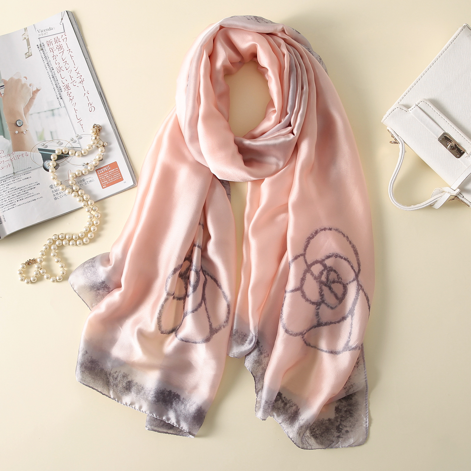 Spring, Summer and Autumn New Korean Style Floral Elegant High-End Imitated Silk Scarves Female Ornament Shawl Sunscreen Beach Towel Spring, Summer and Autumn New Korean Style Floral Elegant High-End Imitated Silk Scarves Female Ornament Shawl Sunscreen Beach Towel