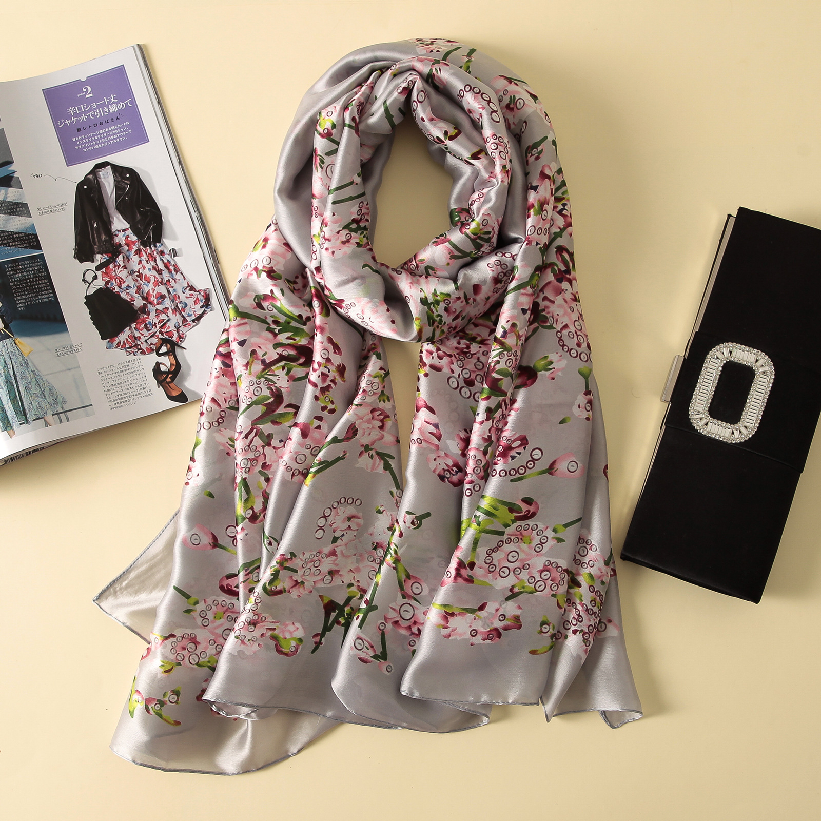 Spring, Summer and Autumn New Korean Style Floral Elegant High-End Imitated Silk Scarves Female Ornament Shawl Sunscreen Beach Towel Spring, Summer and Autumn New Korean Style Floral Elegant High-End Imitated Silk Scarves Female Ornament Shawl Sunscreen Beach Towel