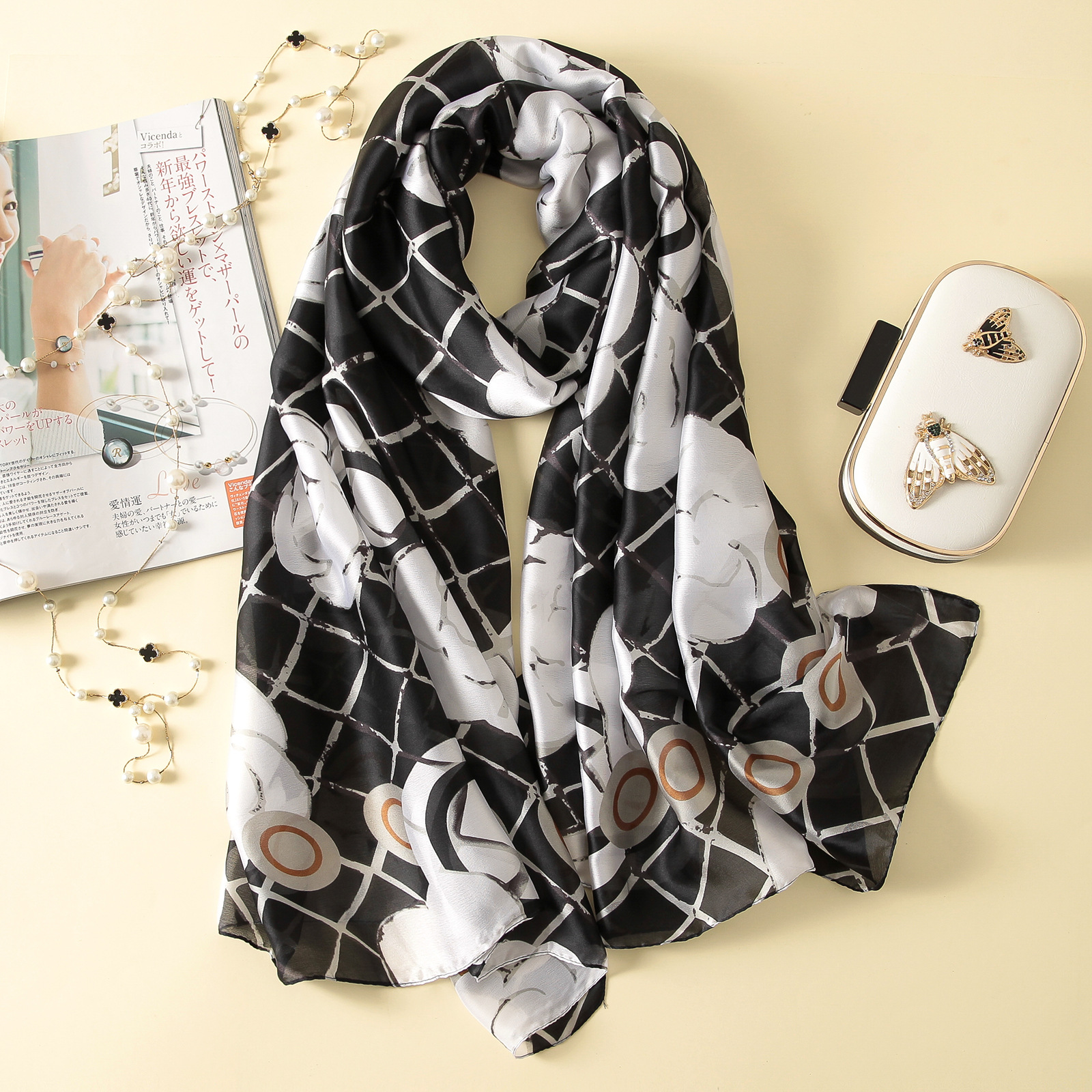 Spring, Summer and Autumn New Korean Style Floral Elegant High-End Imitated Silk Scarves Female Ornament Shawl Sunscreen Beach Towel Spring, Summer and Autumn New Korean Style Floral Elegant High-End Imitated Silk Scarves Female Ornament Shawl Sunscreen Beach Towel