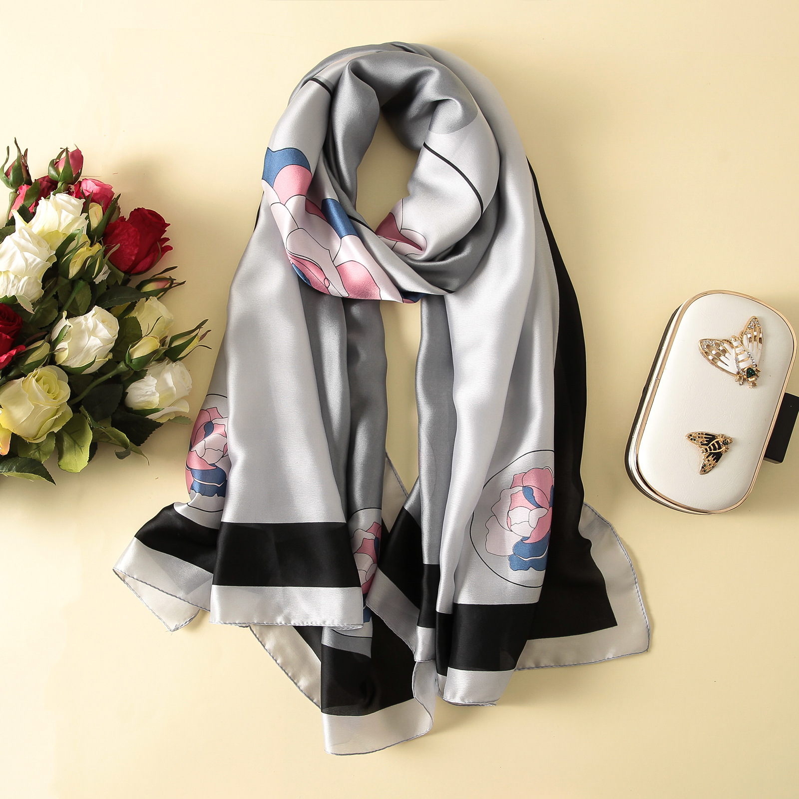 Spring, Summer and Autumn New Korean Style Floral Elegant High-End Imitated Silk Scarves Female Ornament Shawl Sunscreen Beach Towel Spring, Summer and Autumn New Korean Style Floral Elegant High-End Imitated Silk Scarves Female Ornament Shawl Sunscreen Beach Towel