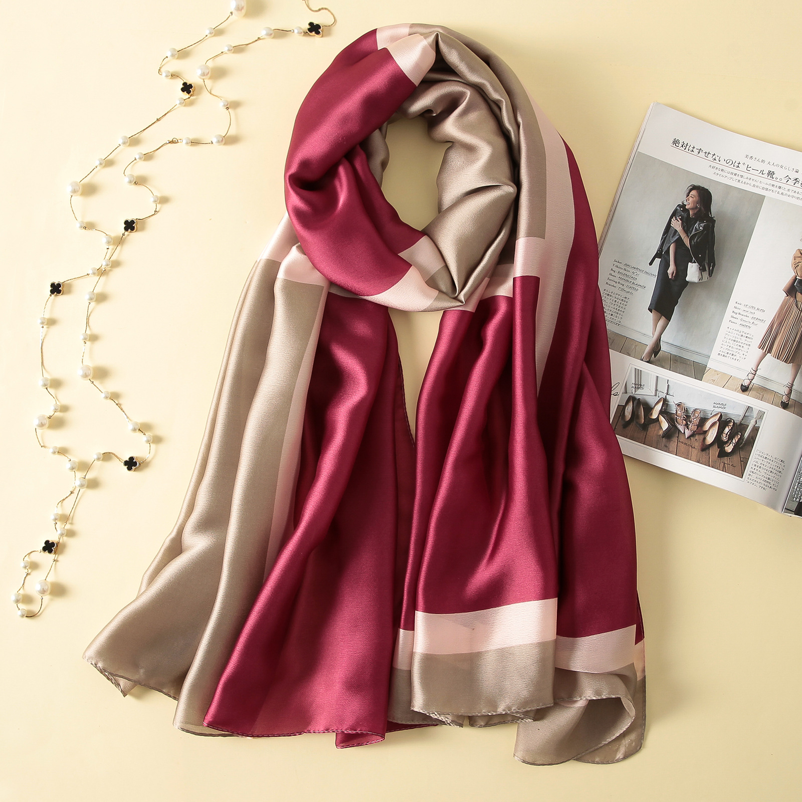 Spring, Summer and Autumn New Korean Style Floral Elegant High-End Imitated Silk Scarves Female Ornament Shawl Sunscreen Beach Towel Spring, Summer and Autumn New Korean Style Floral Elegant High-End Imitated Silk Scarves Female Ornament Shawl Sunscreen Beach Towel